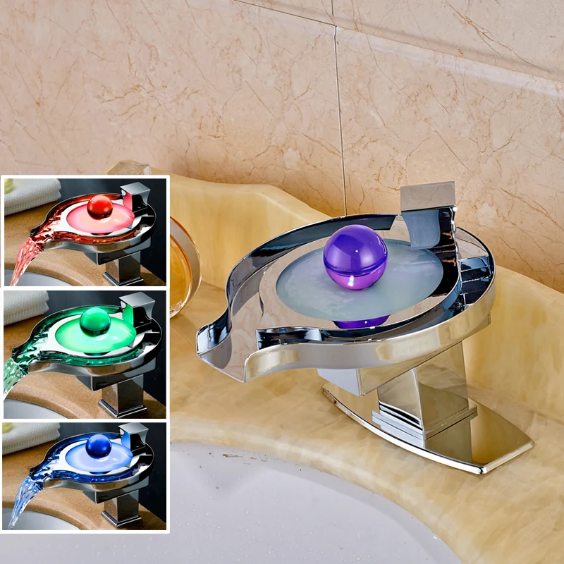 Led Light Bathroom Faucet Brass Chromed Waterfall Washing Basin Faucets 3 Colors Change Led Tap Water