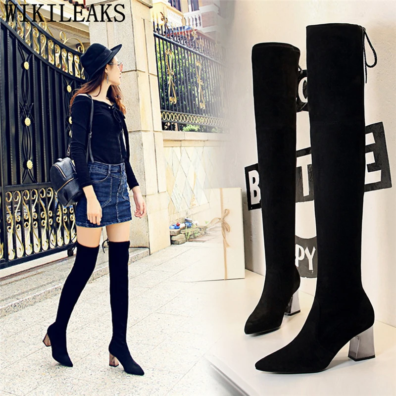 

black boots Moccasin shoes woman thigh high boots heels Thick heel sexy high heels chaussures femme schoenen vrouw stivali donna
