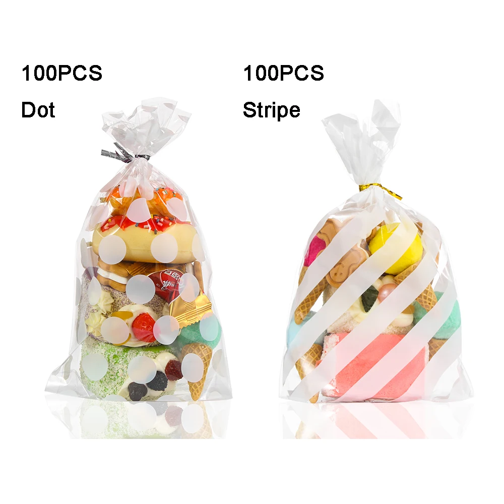 

2 design 100PCS/pack White Dot Stripe Cellophane Bag Cookie Package Bake Wrapping Candy Gift Biscuits Party Wedding
