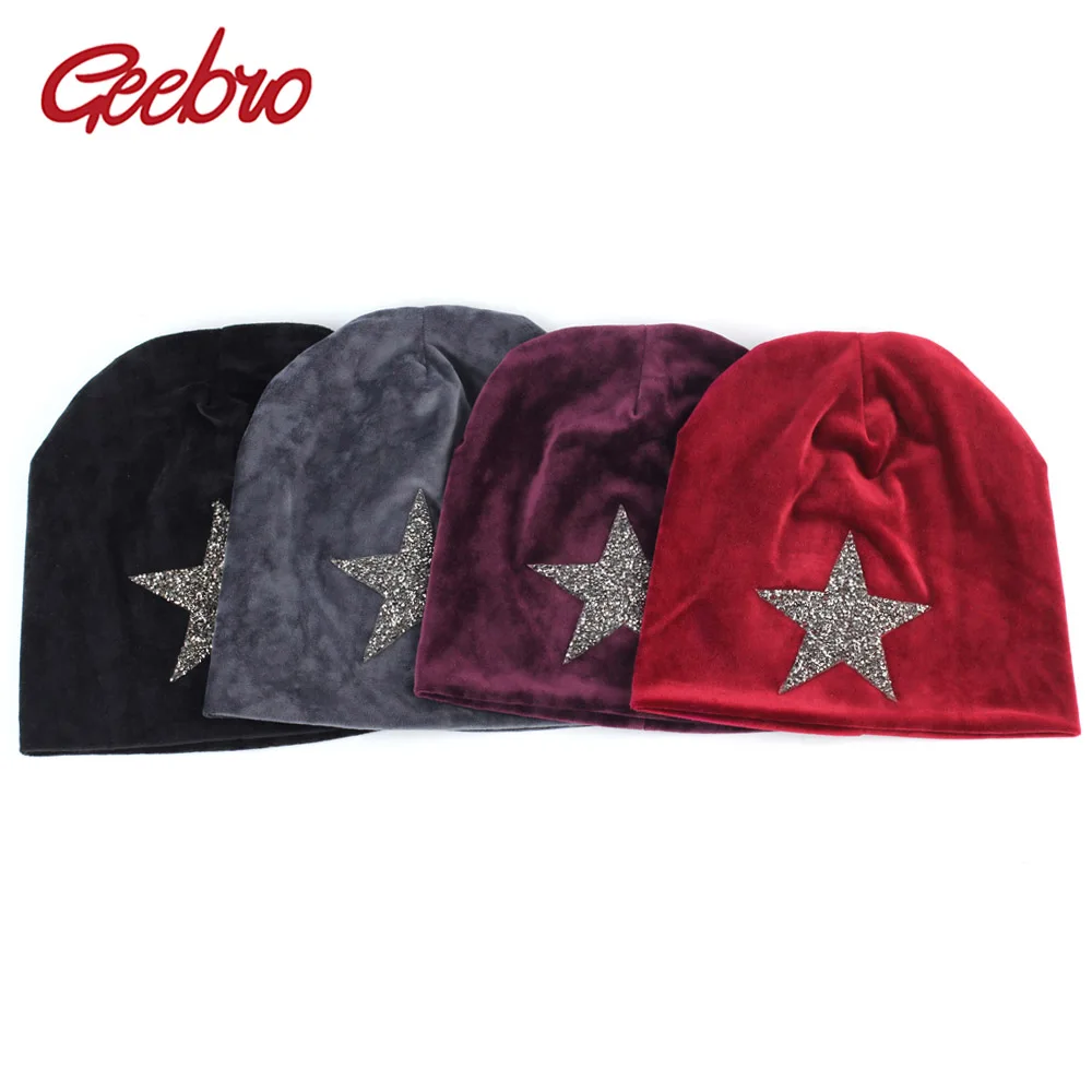 

Geebro Women's Velour Beanie Hat Winter Warm Star Rhinestone Slouchy Beanies for Femme Ladies Polyester Plain Skullies&Beanies