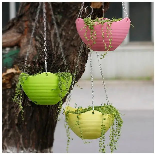 POCKETGARDEN 4 PCS Plain Color Round Plastic Hanging Planter Flower Pot
