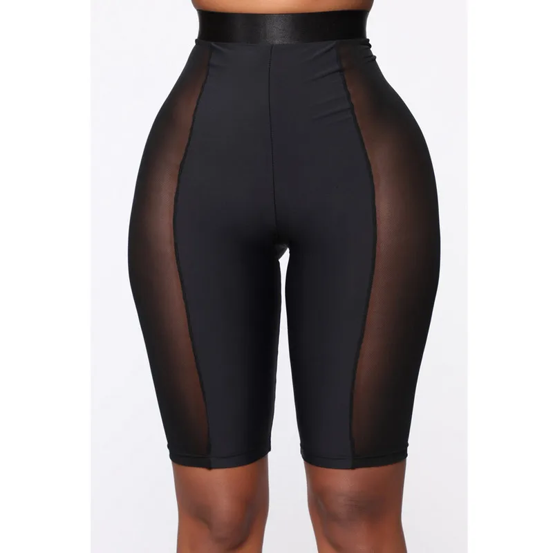 

Women Biker Shorts Mesh Sheer Patchwork Workout GYM Mid Thigh Sexy High Waist Shorts Black Yellow