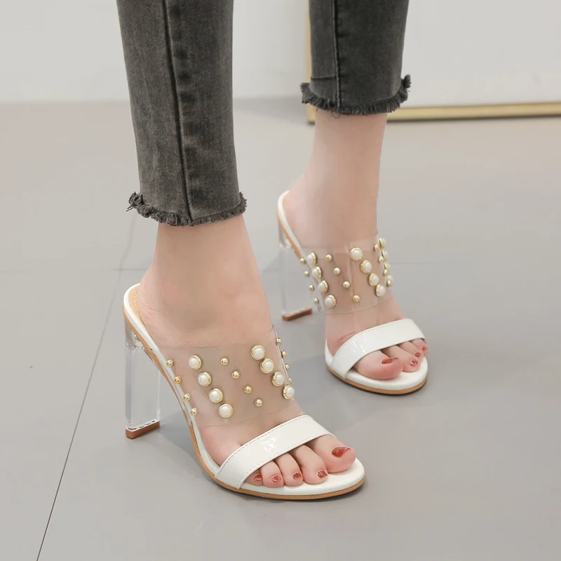 

shoes Woman pearl rivet high heels slippers summer clear crystal heels Sandals Slides fashion slip on shoes zapatos mujer white
