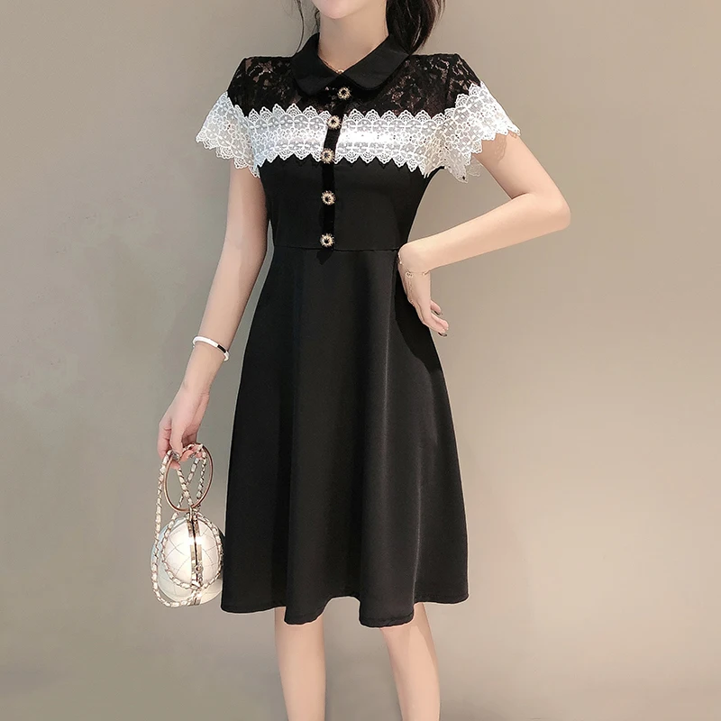 

Korean Elegant Women Summer Hollow Out Lace Patchwork Midi Dress Vintage Button Peter Pan Collar Short Sleeve Dresses Robe Femme