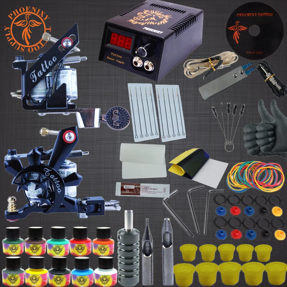 Complete Tattoo Kit Two Machine Guns Tattoo Machine Set 10 Colors Ink Set Complete Tattoo Kits