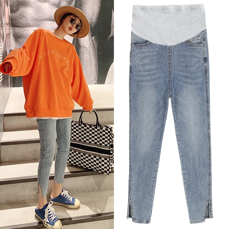 

1079# Side Splits 9/10 Stretch Denim Maternity Jeans Summer Autumn Slim Skinny Pants Clothes for Pregnant Women Belly Pregnancy