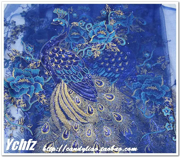 

50*135CM Royal Blue Large Peacock Mesh Sequin Embroidery Flower Fabric Material Yarn Textile African Lace Guipure Sew Dress