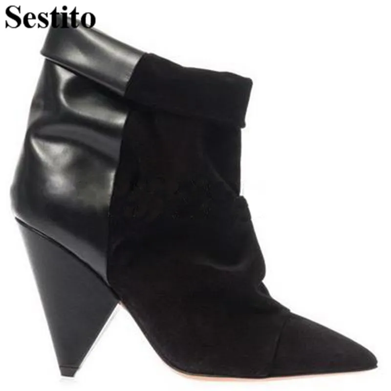 

New Black Flock Patchwork Turned-over Edge Woman Boots Pointed Toe Ankle Boots For Women Spike Heels Slip-on Autumn Women Shoes