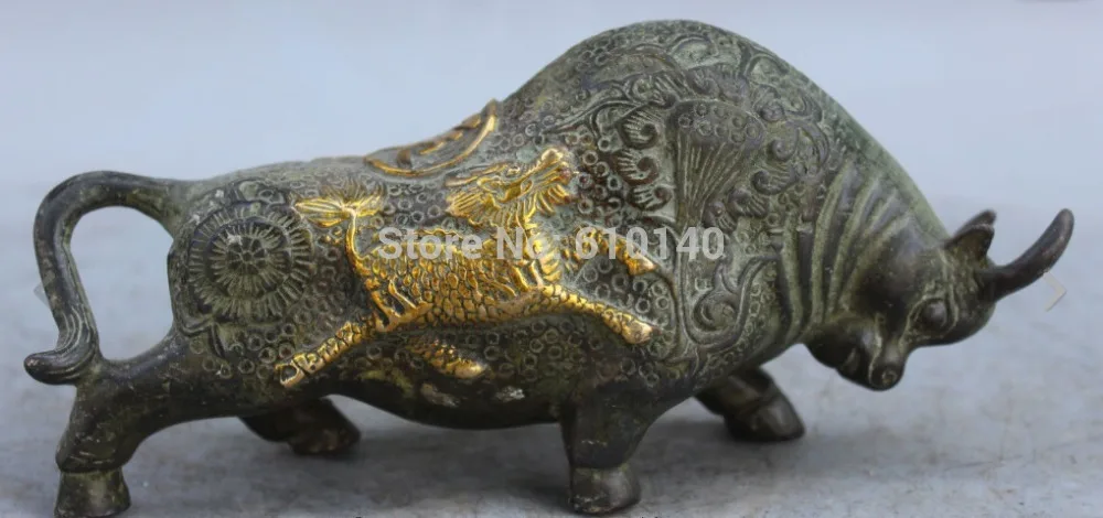

20CM Signed Chinese Bronze Gilt Stronger Kylin Kirin Flower Bull Oxen Ox Statue