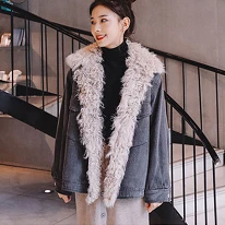 Зимняя серая Базовая Хлопковая женская куртка новая джинсовая стеганая овечья шерсть с отворотами модная Свободная Женская куртка размера плюс Топы HJ182 - Цвет: Gray