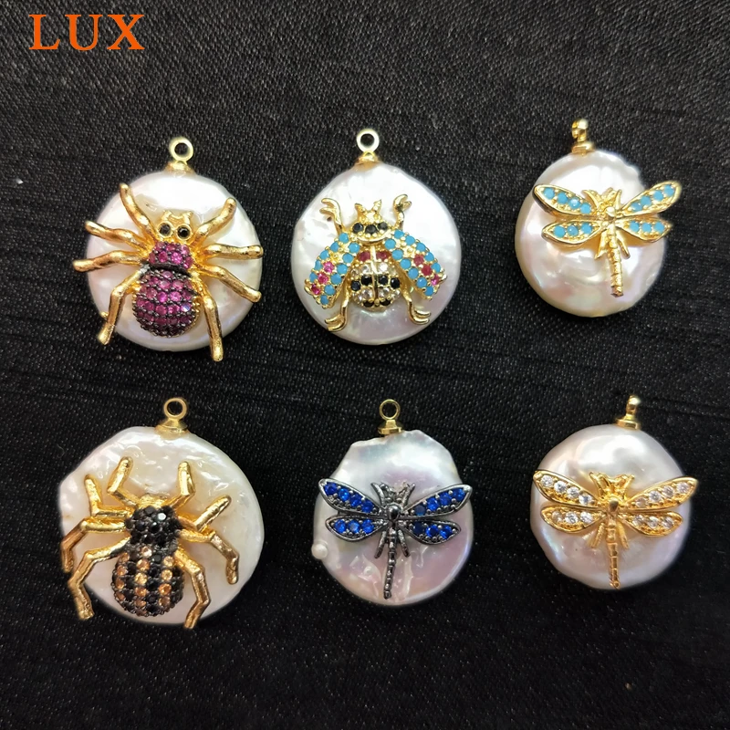 

Fashion Gold color Plated Natural White Pearl Charm Pave CZ insect spider dragonfly Pearls Pendants Gems stone Boho Jewelry DIY