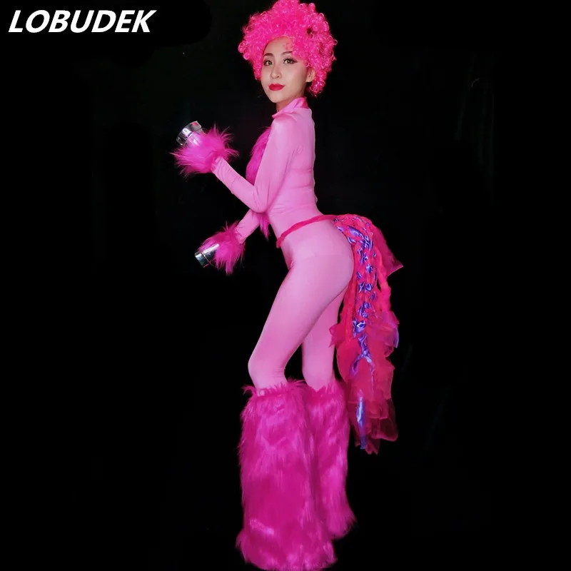 

Pink Blue Feathers Skinny Jumpsuits Sexy Stretch Bodysuit Female Circus Troupe Stage Costume Nightclub DJ Singer DS Dance Wear