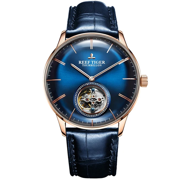Reef Tiger/RT мужские роскошные брендовые часы Tourbillon из натуральной кожи синие розовые золотые автоматические часы Relogio Masculine RGA1930 - Цвет: 4
