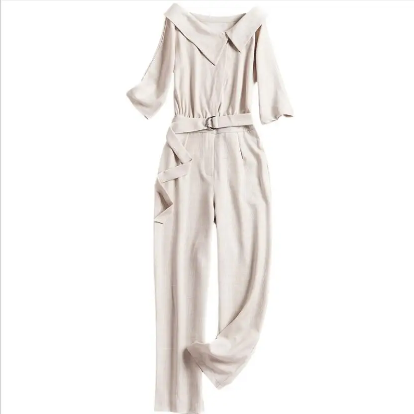 

New 2019 Office Lady Turn Down Collar Plaid Chiffon Jumpsuit Female Half Sleeve High Waist Belted Pants Overalls For Women
