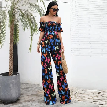 

New Fashion Summer Collection Style Off Shoulder Women Jumpsuit Chiffon Flora Outfit Clothing Party Club Casual Design Wholesale