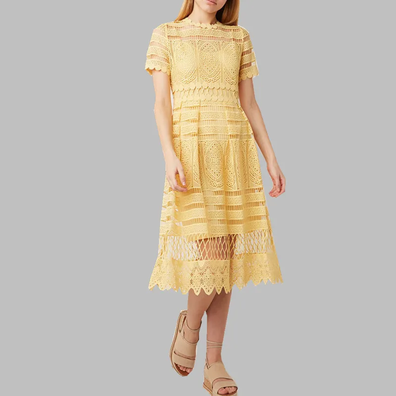 

HAMALIEL Korean Summer Runway Swing Dress Women Short Sleeve Yellow Lace Holiday Long Dress Fashion Floral Hollow Out Midi Dress