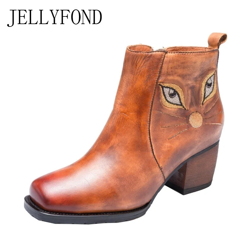 

2018 Vintage Genuine Leather Women Boots Platform High Heels Booties Cowhide Women's Shoes Embroidery Ankle Boots Zapatos Mujer
