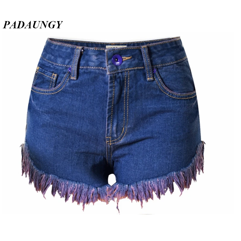 PADAUNGY Tassel High Waist Torn Jeans Shorts Hotpants