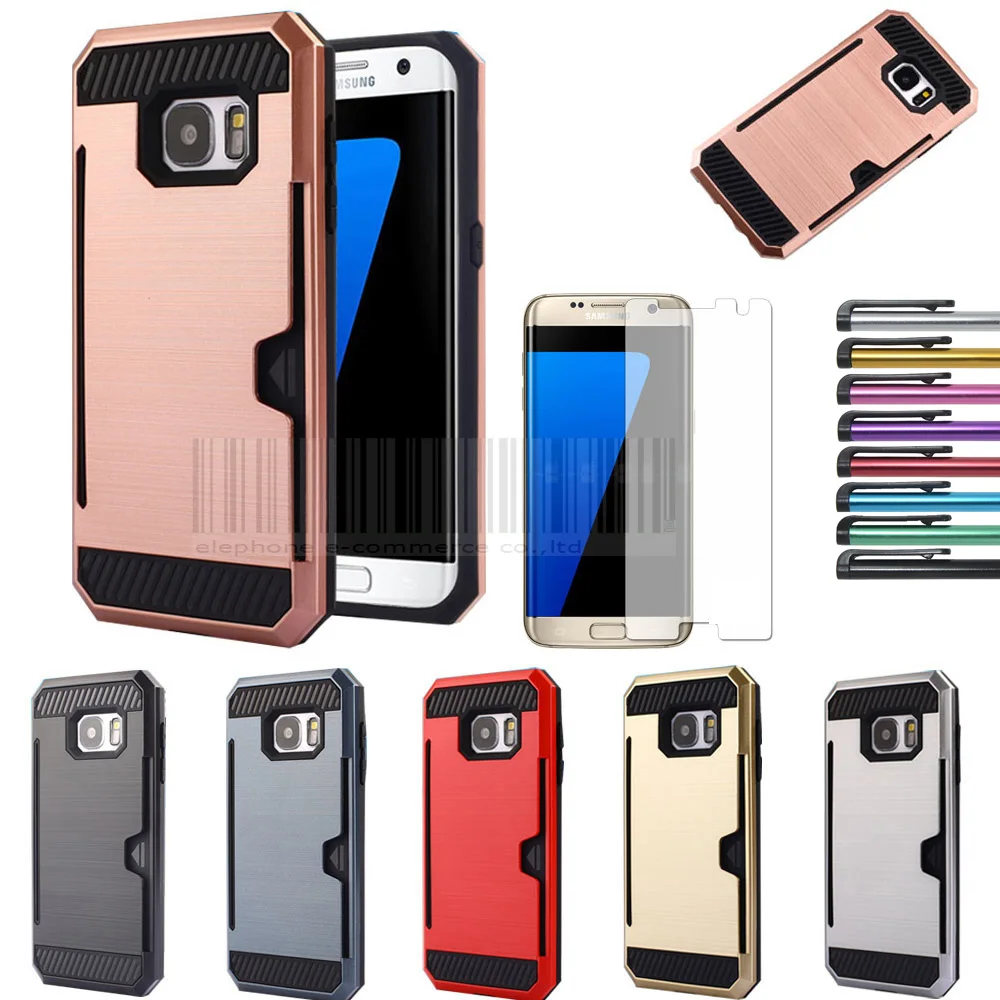 Mix Color Dual Layer Shockproof Hybrid Brush Card holder Back Case Cover For Samsung Galaxy S7 G930 G9300 With Films+Stylus |