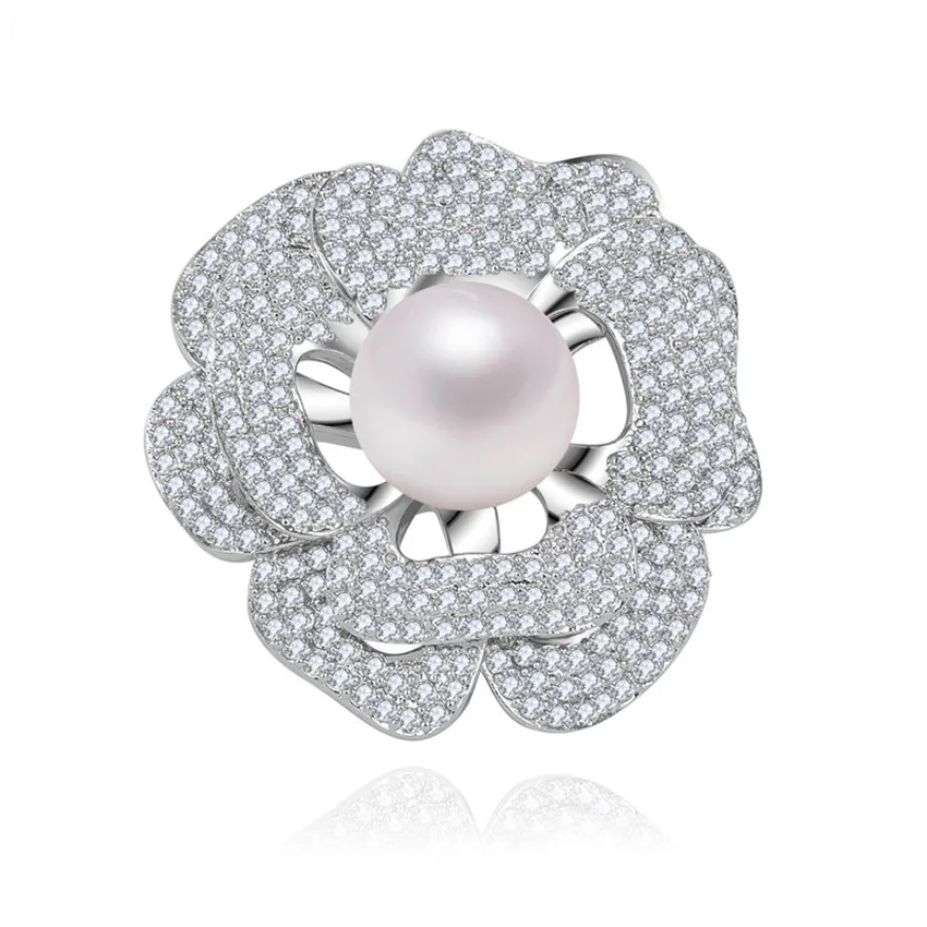 

Luxury big Rose Flower Women Brooches Cubic Zircon Round A Large Sea Shell Pearl Brooch Pins Cream Bridal Wedding Jewelry