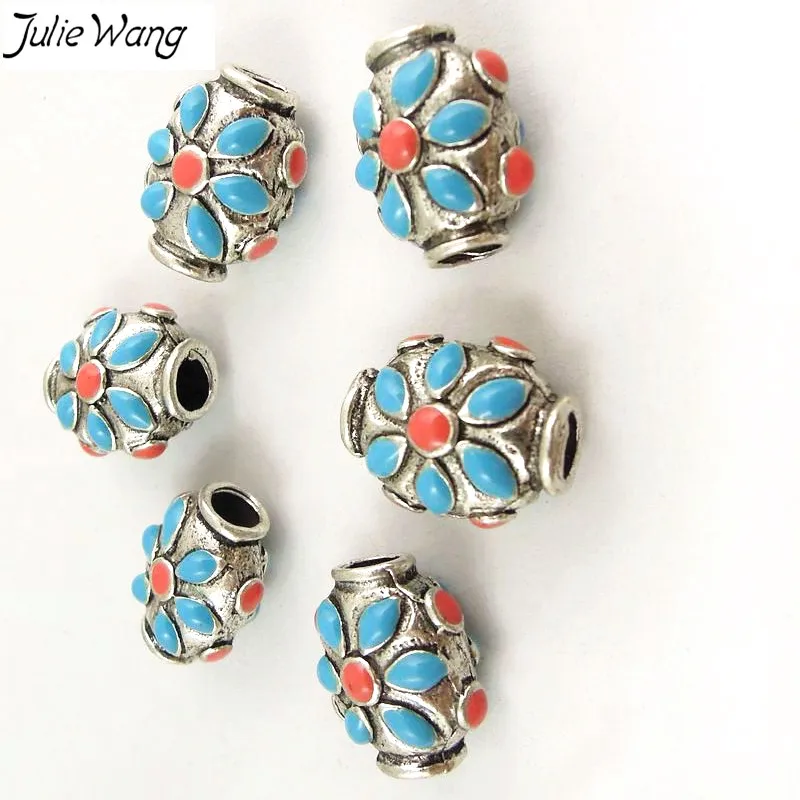 

Julie Wang 14PCS Tibetan Silver Color Zinc Alloy Bead With Blue Red Enamel Decored Making Ethnic Style Jewelry Necklace 4mm Hole