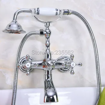 

Polished Chrome Double Handles Wall Mounted Bathroom Faucet with Handheld Shower Clawfoot Tub Mixer Tap