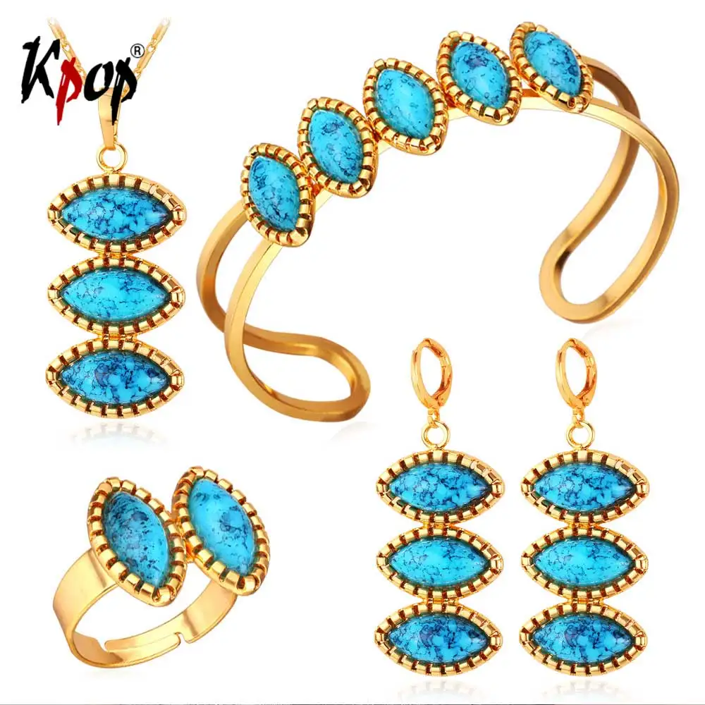 Kpop Jewelry Set Boho Jewelry Blue Stone Necklaces Drop Earrings