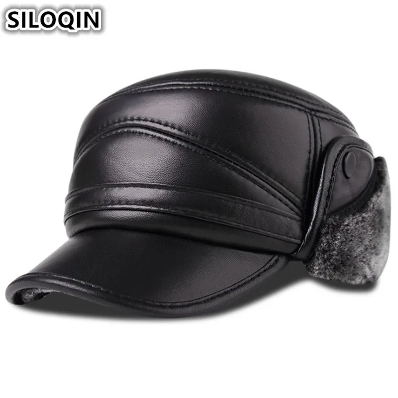 Online SILOQIN männer Echte Leder Hut Winter Plus Samt Dicke Warme Baseball Kappe Mit Ohrenschützer Schaffell Leder Hüte Für Männer neue