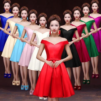 

vestido boda mujer invitada new satin sexy V neck A Line red blue pink purple green bridesmaid dress short wedding party dress