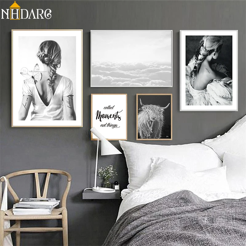 

Highland Cow Tattoo Girl Black White Landscape Nordic Canvas Print Painting Poster Art Wall Pictures for Living Room Home Home