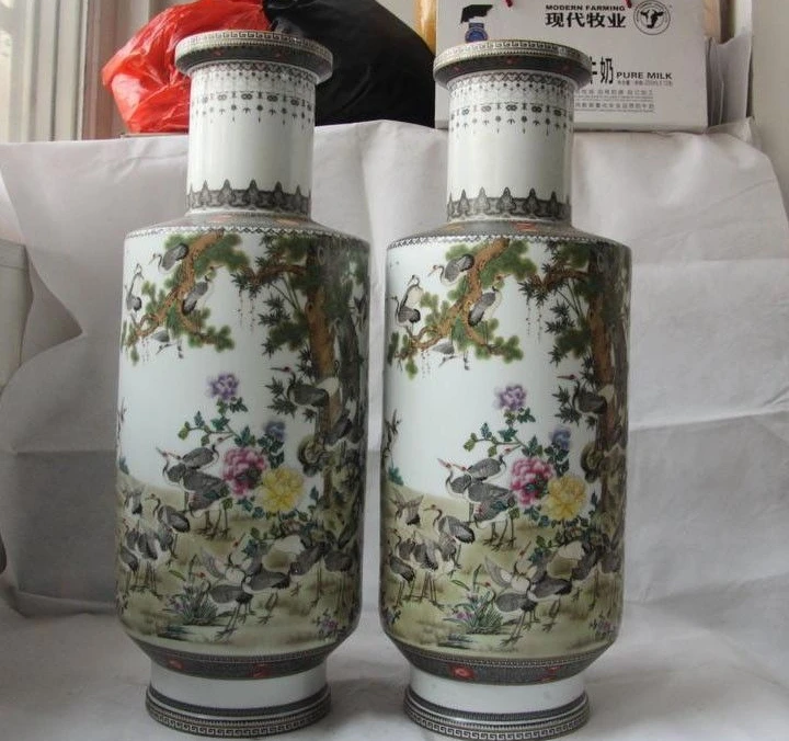 

Chinese Royal Palace Wu Cai Porcelain Pine tree Red-crowned Crane Pot Vase Pair