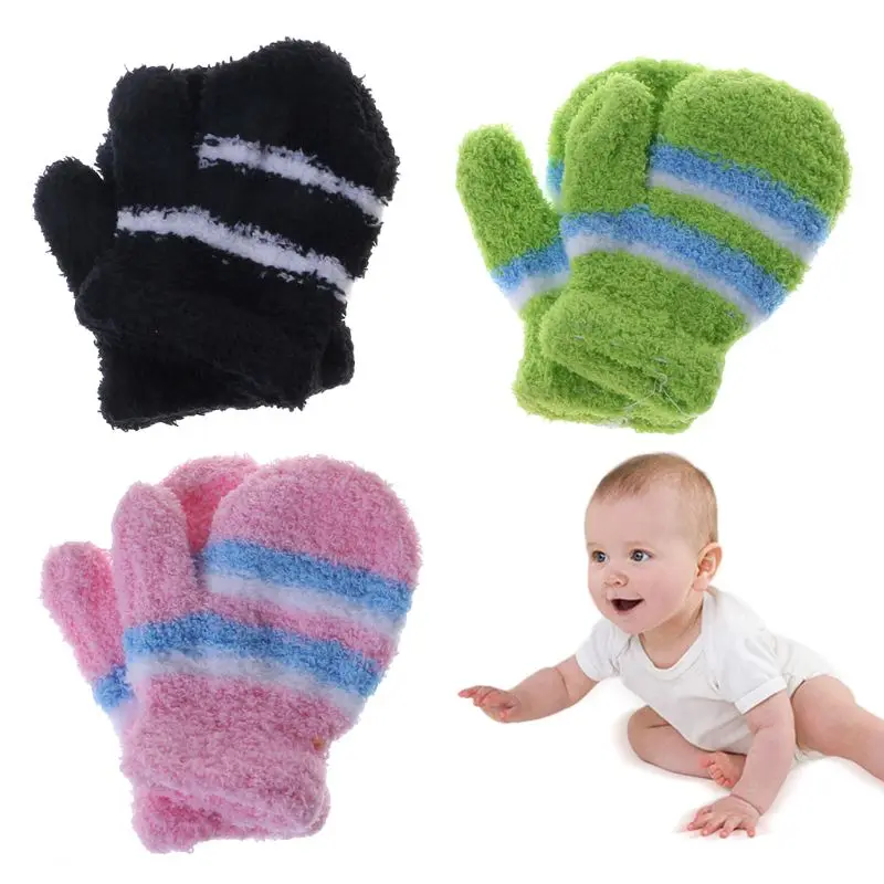 

1 Pair Kids Gloves Infant Children Warm Winter Full Finger Mitten Colorful Stripe Thick Soft Coral Fleece Boys Girls