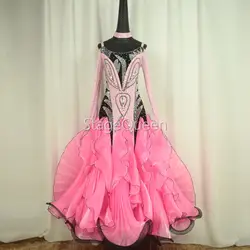 Розовые стразы стандартный бальный зал платья с длинными рукавами для девочек Танцы взрослый костюм платье для бальных танцев для