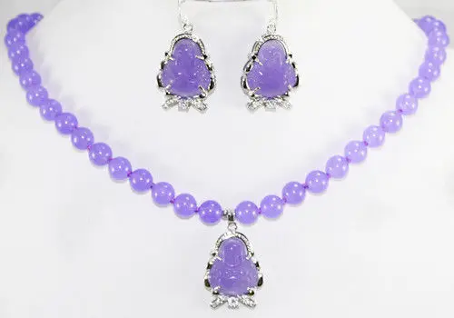

Hot sell -@> charm Jew.657 Fashion 17 Inch 10mm Purple Jade Necklace Buddha Pendant Earrings Jewelry Set Natural jewelry -Top qu