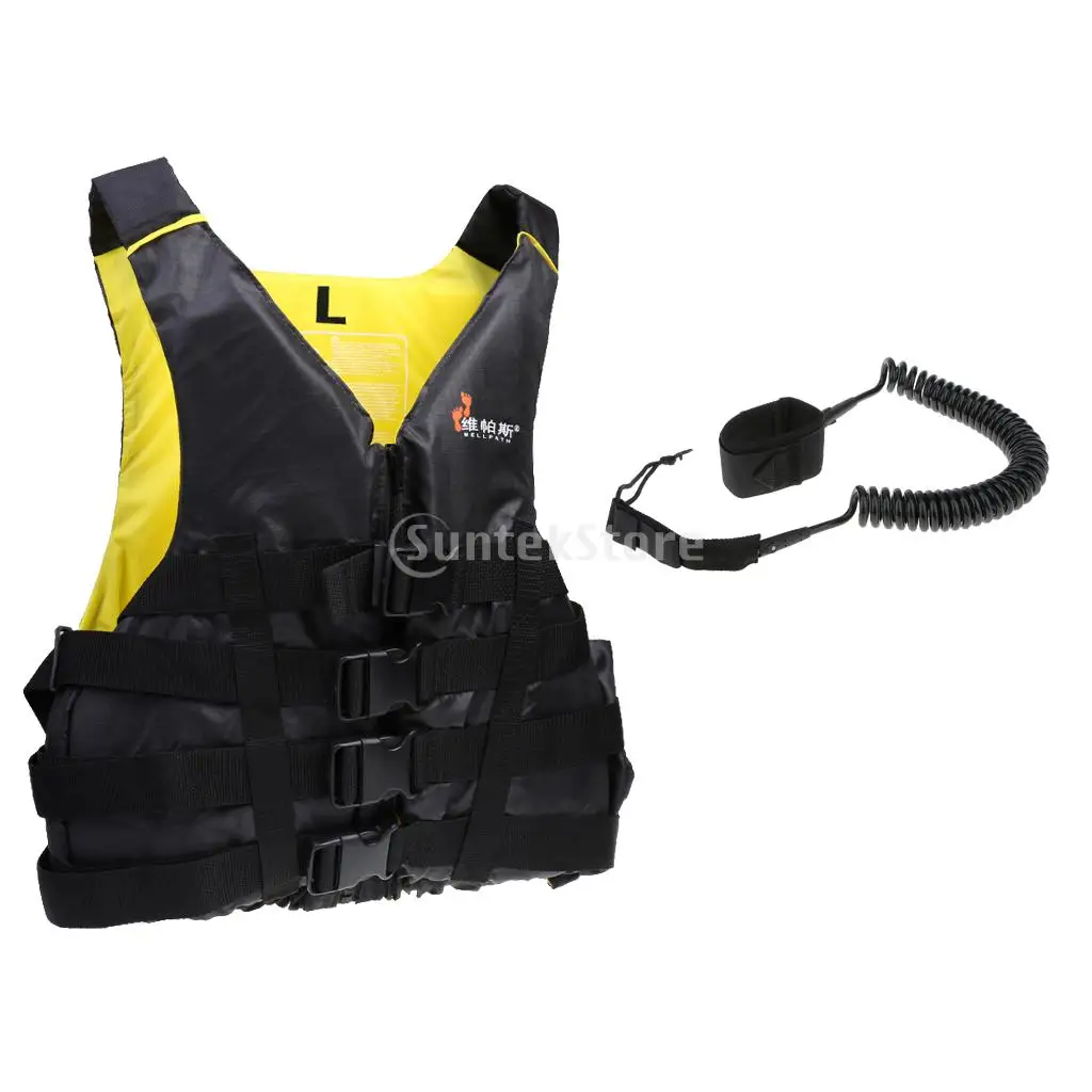 

Universal Adult Neoprene Life Jacket Kayak Boating Surfing Buoyancy Aid Foam Ski Safety Vest + 10' SUP Surfboard Leash Leg Rope