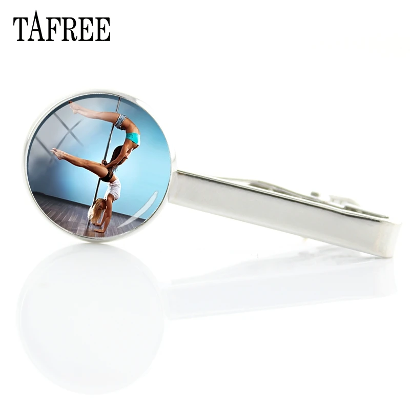 

TAFREE Wonderful Sports Pole Dancing Picture Tie Clips New Fashion Art Tie Bar Pins Glass Cabochon Dome Men Jewelry PD71