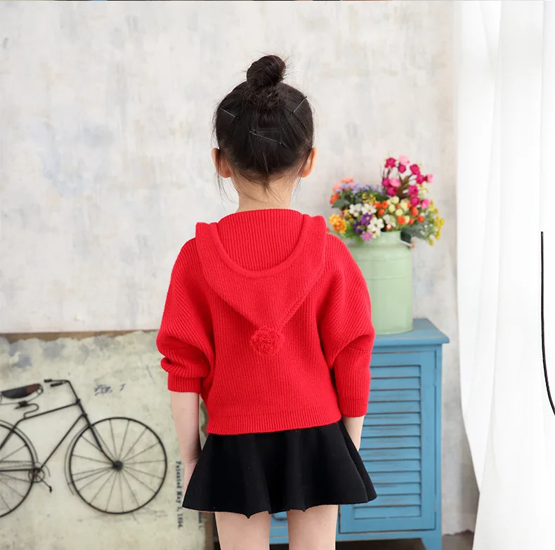 Однотонный свитер с капюшоном и накидкой для девочек, Хлопковый вязаный пуловер с рукавами «летучая мышь», весенне-Осенняя детская одежда