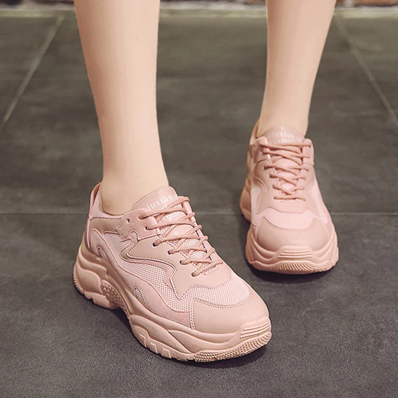 

Dropshipping Women Chunky Sneakers Fashion Women Platform Shoes Lace Up Pink Vulcanize Shoes Womens Female Trainers Dad Shoes
