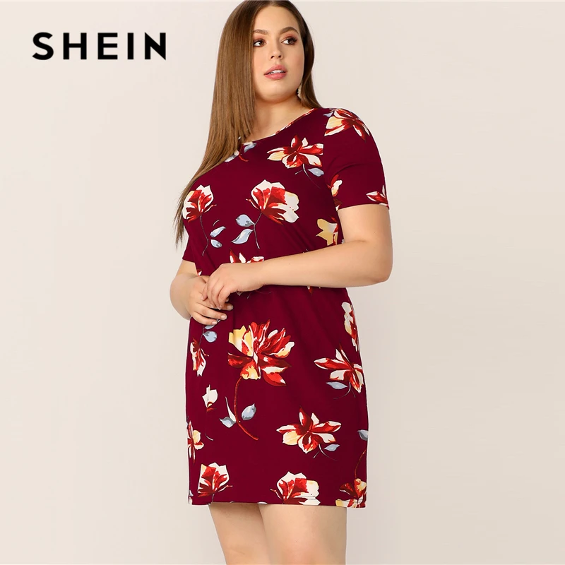 SHEIN زائد حجم الخصر مربوط اللون كتلة اللباس المرأة الصيف تونك قصير كم حريصة طول عارضة زائد التحول فساتين مع حزام