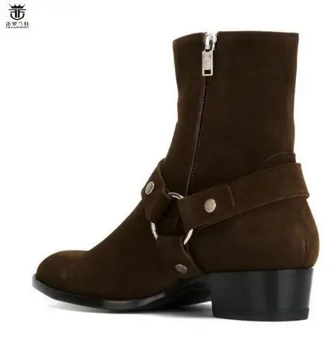 Hot FR.LANCELOT Brand Luxury Quality Darker Brown Suede Buckle Strappy Chelsea Boots Men Ankle Flats Boots