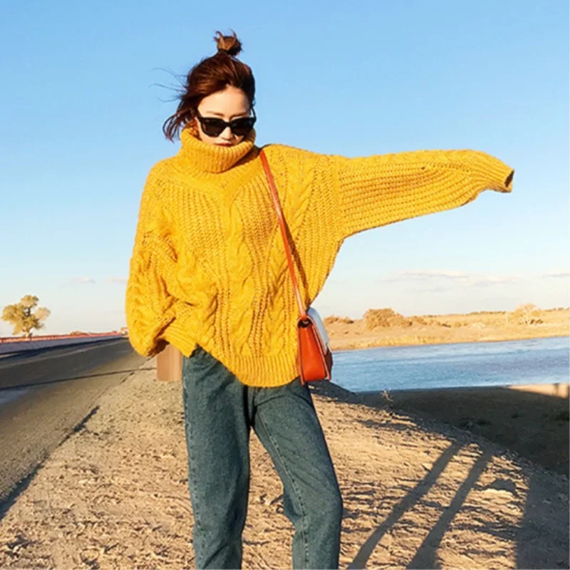 

Winter High neck Women's Sweater Jersey Woman Mohair Knitted Twisted Thick Warm Lady's Pullover College Jumper Women Yellow Gray