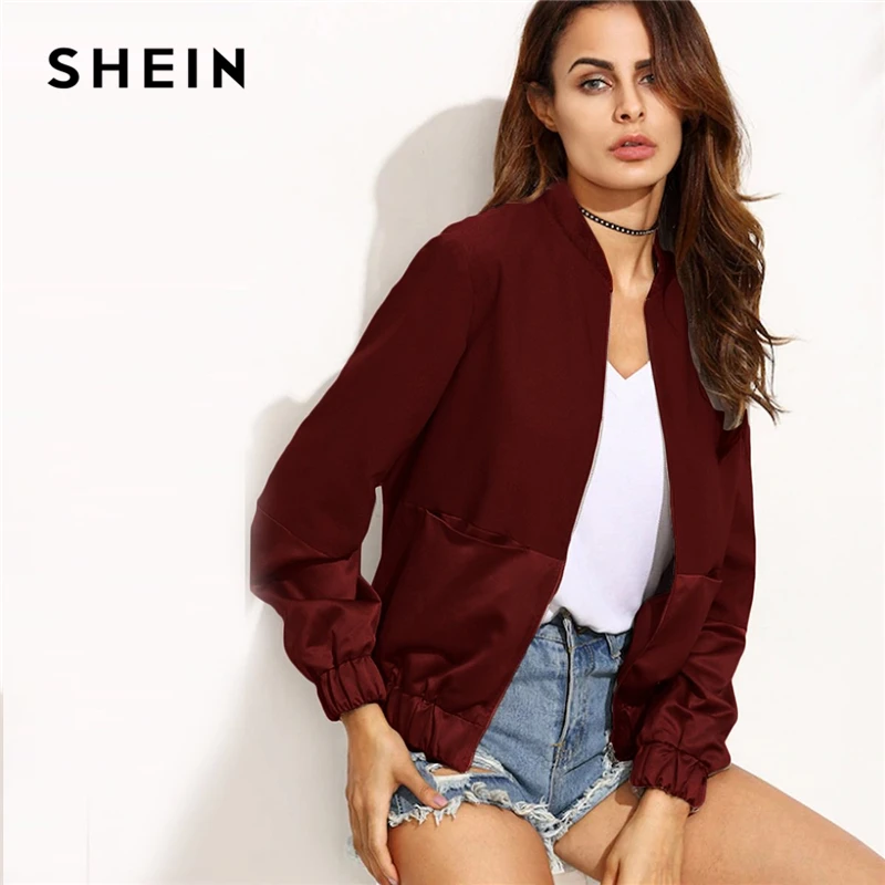 

SHEIN Maroon Casual Color Block Pocket Patchwork Panel Bomber Zipper Up Jacket Autumn Modern Lady Fashion Women Coat Outerwear