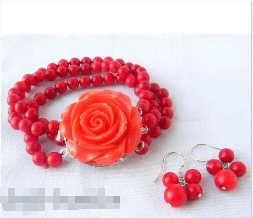 

*******3Strands 6MM Round Coral Bracelet Earring Set