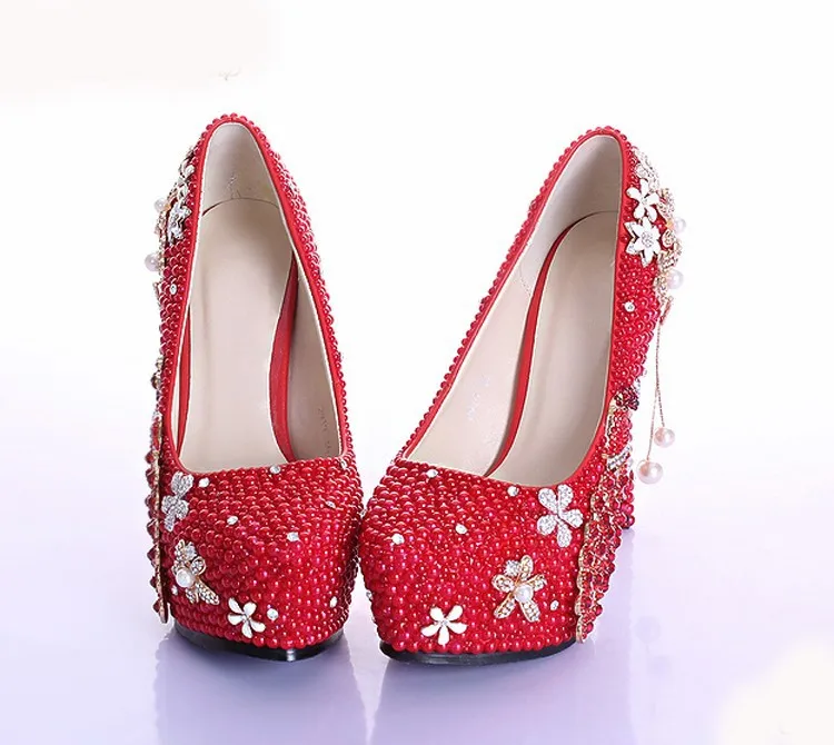 Элегантная перламутрово-красная свадебная обувь со стразами роскошная свадебная обувь ручной работы дамские туфли-лодочки на высоком каблуке(12 5 см) со стразами туфли для выпускного бала