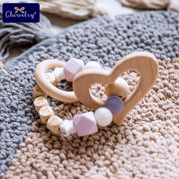 

Customizable Name 1pc Beech Wood Baby Teether Hearts Wooden Ring Letter Silicone Beads Baby Goods Baby Rattles For Teeth Toys