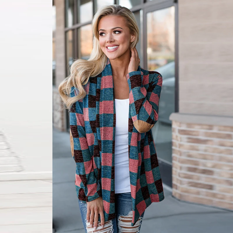 

women coats new style v-neck patchwork 2018 fall casual slim plaid open stitch long sleeve sexy female coat basic fashion