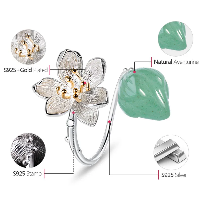 Lotus Fun Real 925 Sterling Silver Natural Chalcedony Handmade Fine Jewelry Flower Ring Lotus Whispers Rings for Women Bijoux