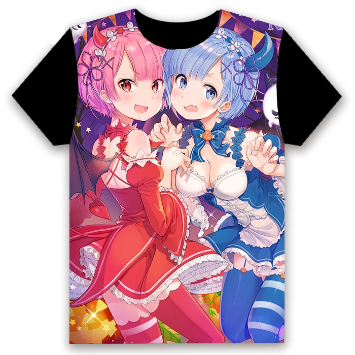 

Fashion Men's T-shirt Anime Re:Zero kara Hajimeru Isekai Seikatsu Rem Ram Short Sleeve Student Casual Black Tee Tops Customize