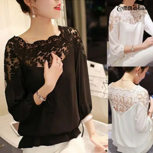 

Tee Tops Women Ladies Long Sleeve Shirt Hollow out Flowers Lace Chiffon Blouse