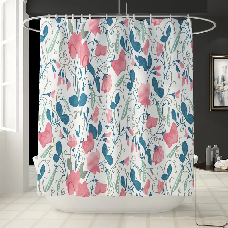 

Rose Print Shower Curtain 4 Piece Carpet Cover Toilet Cover Bath Mat Pad Set Bathroom Curtain 12 Hooks